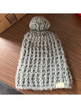 Blue Gray Knit Pom Pom Beanie Hat
